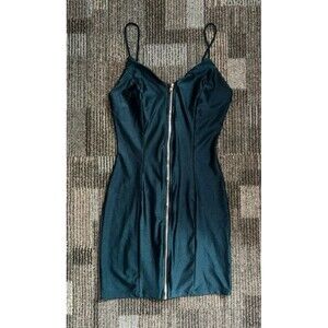 IRIS Dark Teal Bodycon Mini Dress Gold Zip Spaghetti Strap Size M Stretch